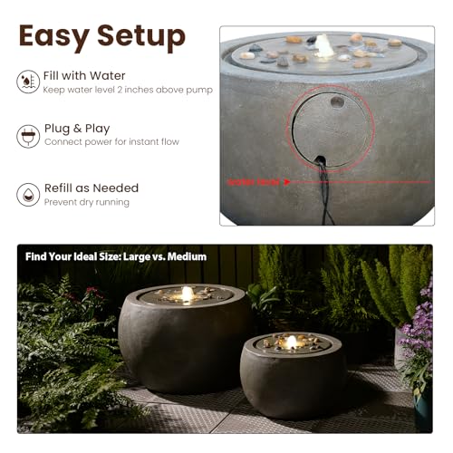 Tankana Garden Water Fountain Outdoor Bubbler Water Feature Indoor with Lights & Pump and Pebbles Waterfall Fountains Concrete Effect for Patio Deck Yard Home Decor Gray, 18 "L x 18" W x 11.5" H