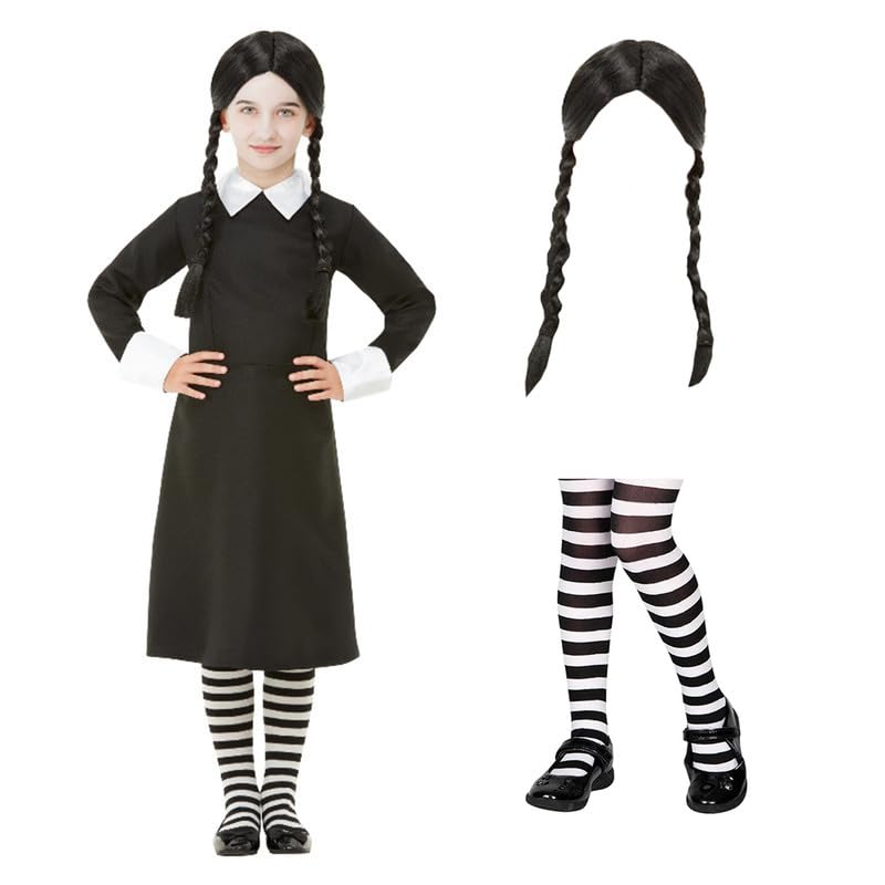 My Illusions Girls Wednesday Costume Kids Halloween Character Fancy Dress Outfit + Wig + Striped Tights (Large 10-12 Years)