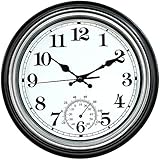 12-Inch Indoor/Outdoor Retro Silent Non-Ticking Waterproof Wall Clock with Thermometer,Battery Operated Quality Quartz Round Clock Wall Decorative for Patio/Home