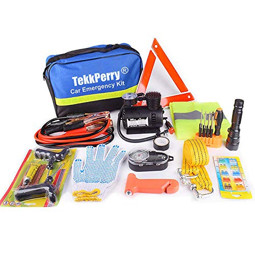 TekkPerry Auto Car Truck Roadside Assistance Kits,14-Piece Tools Set Car Solution Kit with Jumper Cables, Tire Pressure,Tow Trap,Reflective Triangle - Thumbnail 7