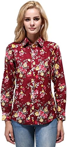 KIMIST Women's Fashion Floral Button Down Long Sleeve Shirt Casual Blouse (Large, Wine Red)
