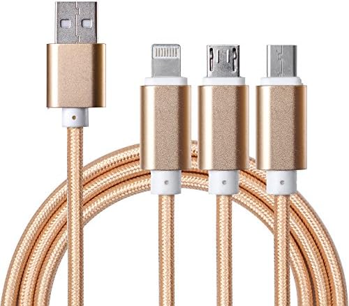 TTBD 3 in 1 Nylon Braided USB Multifunction Charger Cable, Portable 2A Cell Phone Fast Charging Cord with Lightning / USB Type C / Micro USB Connector Ports for iPhone, iPad, Android More (4ft length)