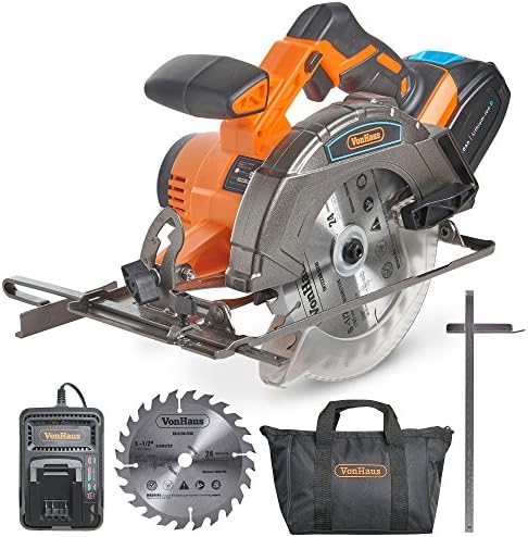VonHaus 20V MAX Cordless Circular Saw with Brake and 2x 6-1/2โ Saw Blades - 3.0Ah Lithium-Ion Battery and Charger Kit Included
