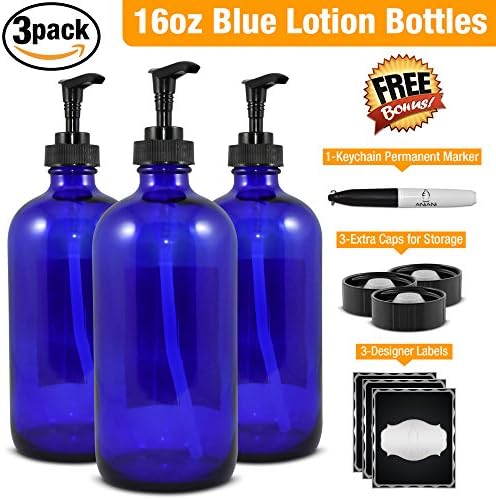 Empty Blue Glass Lotion Bottle-Large 16 oz Refillable Container for Lotion, Soap, Shampoo, &amp; More-Black Lotion Pump-3 PackBonus Free Caps, Designer Labels, Key-Chain Marker, &amp; Money Saver eBook