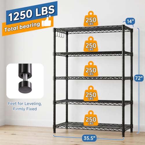Mapleyard Storage Shelves 5 Tier Sturdy Metal Garage Shelving Unit with Adjustable Leveling Feet, Space-Saving Shelves Organizer for Pantry, Laundry, Kitchen, 90cm x 35cm x 183cm, NSF Certified,Black