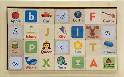 Letter Picture ABC Blocks in Wood Tray - Made in USA