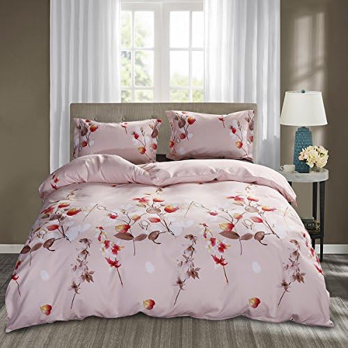 3 Piece Duvet Cover and Pillow Shams Bedding Sets, Hypoallergenic Breathable Soft Microfiber Pink Leaf Printed with Hidden Zipper and Tieback (Queen)