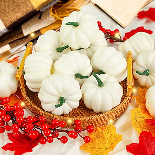 HiPatio Artificial Pumpkins Decoration,12 Pcs Harvest Fall White Pumpkins Fake Foam Pumpkins with 30 Pcs Maple Leaves 1PC String Lights for Autumn Decor Wedding Halloween Thanksgiving Party Decor