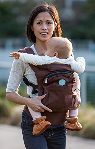 Mo+m Ergonomic Baby Sling Carrier w/ Mesh Cooling Vent, Hood & Pockets (Chocolate Brown)