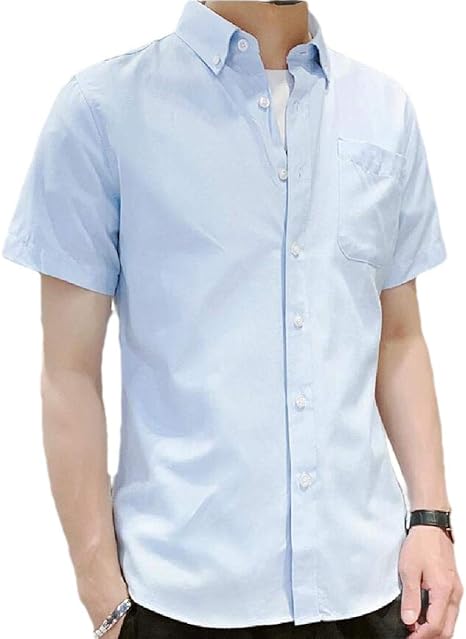 Amazon Maweisong メンズ半袖ドレスシャツソリッドブラウスカジュアルボタンダウンシャツ Light Blue S インナーシャツ 通販