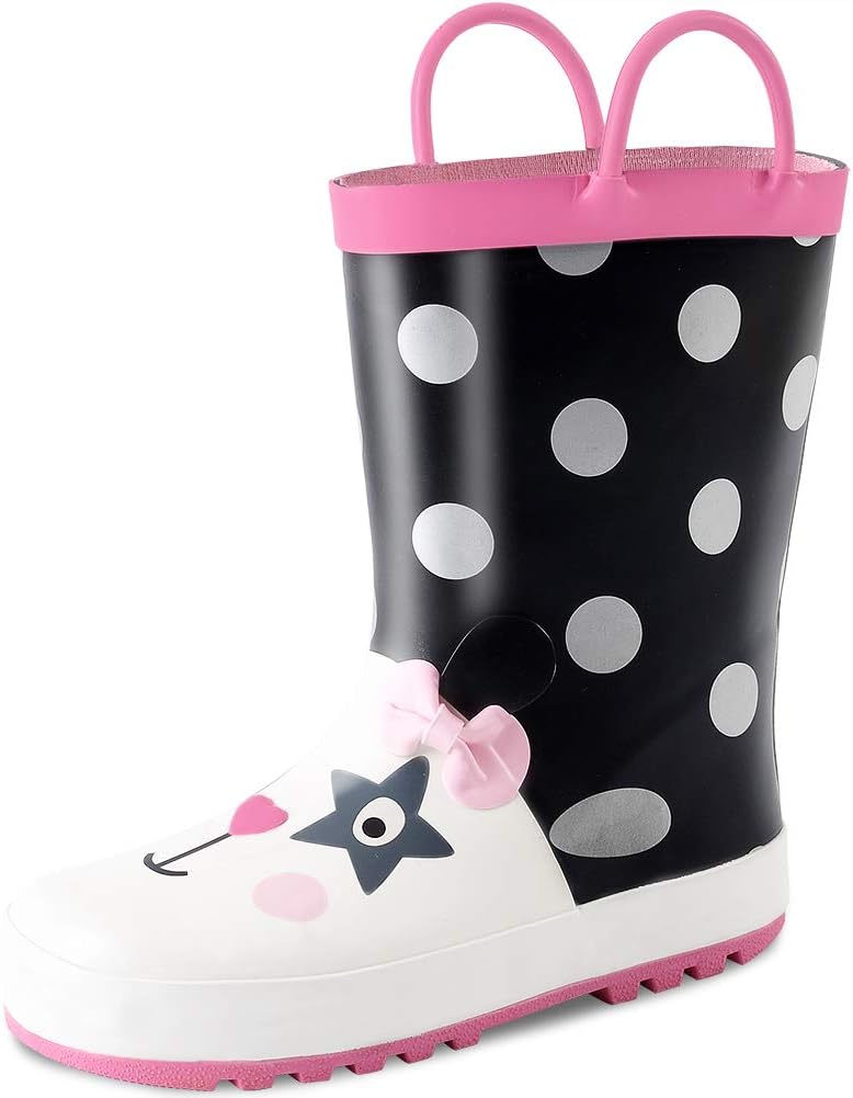 KushyShoo Girls Rain Boots Fun Printed Rubber Boot with Easy-On Handles for Toddler/Little Big Kids