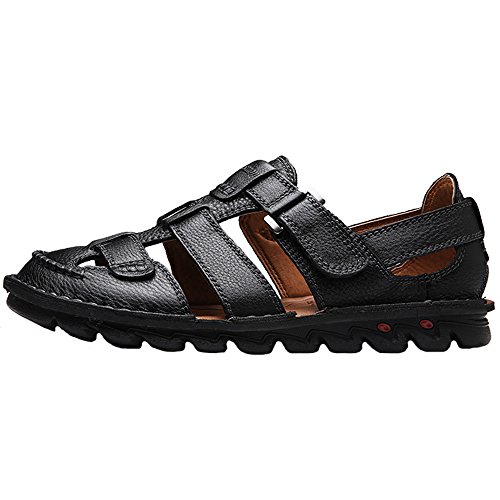 JIONS Closed Toe Leather Fisherman Sandals For Men, Men's Casual Outdoor Adjustable Strap Summer Shoes Black US 6.5/EU 38