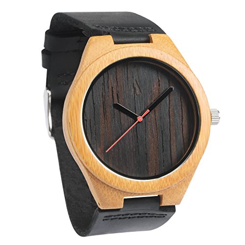 Treehut Mens Wooden Wenge Bamboo Watch with Genuine Black Leather Strap Quart.