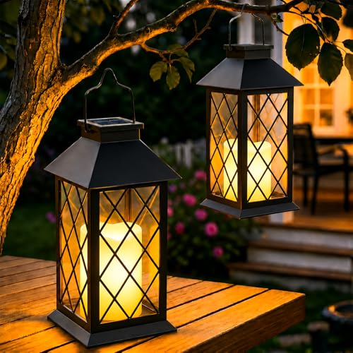 Yowin Lanterne da Esterno 2 Pezzi Lanterna Solare da Giardino con Candele Tremolante, Lampada da Appendere Impermeabile Lampade da Tavolo per Arredo Giardino Terrazzo Balconi Decorazioni - Nero