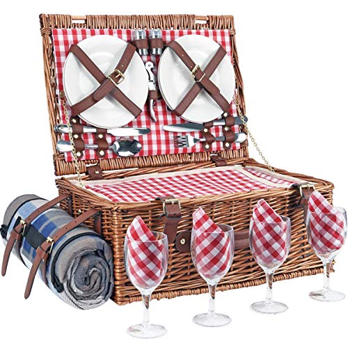 Sunflora Wicker Picnic Basket for 4 Persons Set with Large Insulated Compartment Premium Stainless Steel Cutlery and Portable Picnic Blanket for Family Camping, Gift