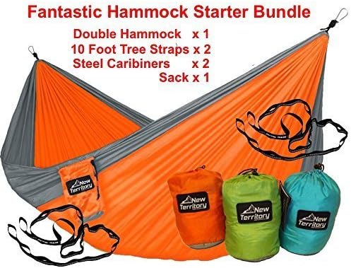 Orange DOUBLE Parachute HAMMOCK With Tree Straps ( 10ft x 2 ) and Carabiners ( x 2 ) from New Territory - (10.5ft x 6.5ft) - Lightweight Strong Portable Nylon Hammock