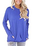 HOTAPEI Women Casual Long Sleeve Round Neck Sweatshirt Loose T-Shirt Womens Tunics Blouses Tops Blue Large