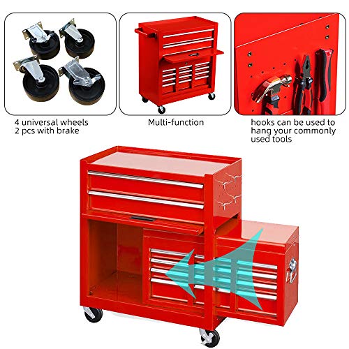 Big Tool Box,Rolling Tool Chest with Sliding Drawers,2 in 1 Tool Cabinet with 4 Swivel Wheels (2Pcs with Brake),Cold Rolled Steel,Red