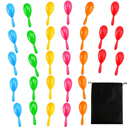 Resinta 30 Pieces Neon Maracas Shakers Mini Noisemaker Bulk Colorful Noise Maker with Drawstring Bag for Mexican Fiesta Party Favors Musical Instrument, 4 Inch, 6 Color