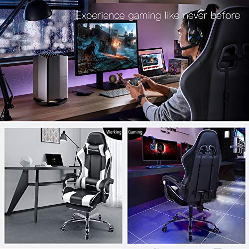 GTPLAYER Gaming Chair, Computer with Footrest and Lumbar Support Height Adjustable with 360°-Swivel Seat and Headrest for Office or Gaming (White)