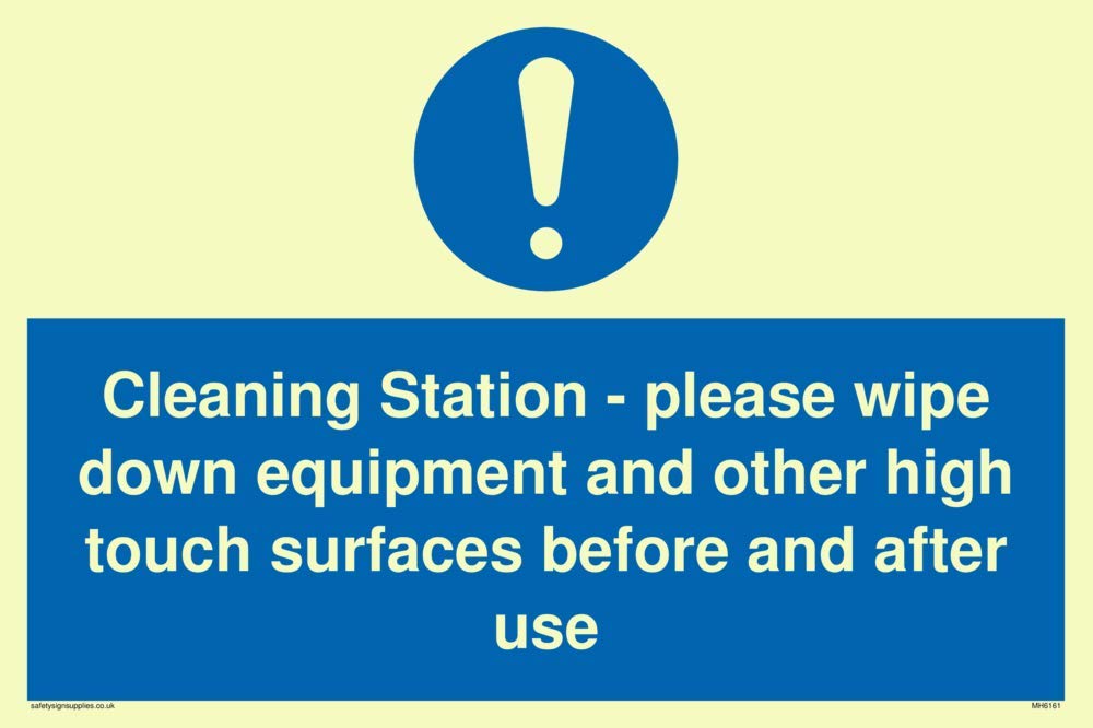 Cleaning Station - please wipe down equipment and other high touch surfaces before and after use