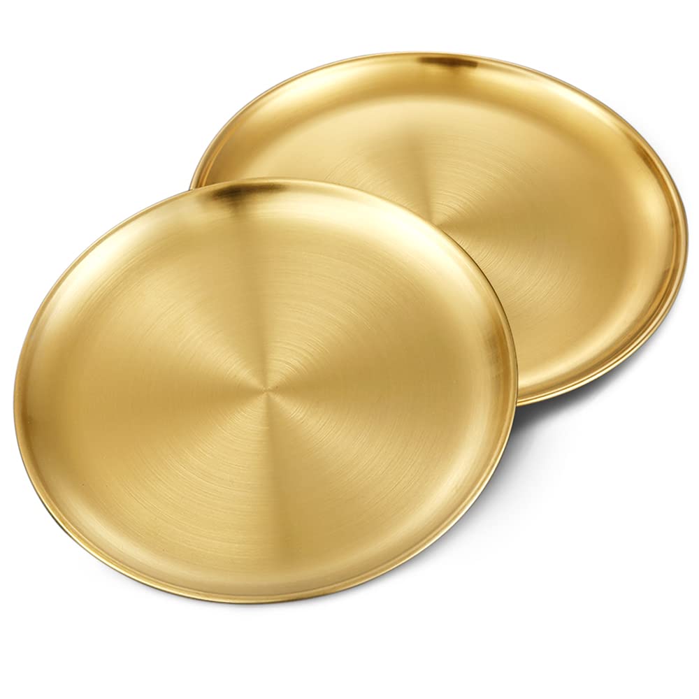 Betinyar 2 Pieces 10.2 Inch Stainless Steel Dinner Plates, Stainless Steel Plates, Metal Dinner Dishes for Steak Salad, Stainless Steel Camping Outdoor Plate(Gold, 26cm)