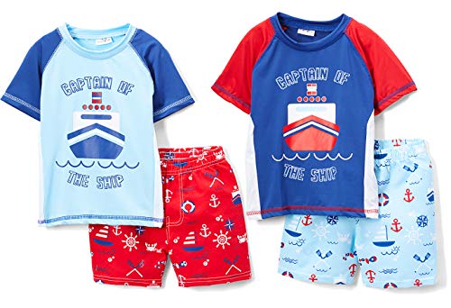 Sweet & Soft Baby Boys 4-Piece Rash Guard and Trunk Swimsuit Set (Infant/Toddler) (Boat, 12 Months)'