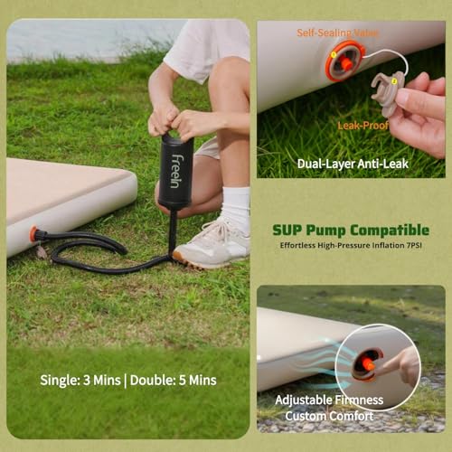Freein Double Camping Sleeping Pad, 4" Thick Inflatable Mattress with Drop-Stitch Technology, Portable 2-Person Sleeping Mat (11 lbs) with Hand Pump for SUV, Tent, Truck, Backyard & Beach - 76" x 51"