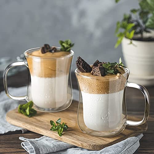 ecooe Set of 2 Double Walled Coffee Cups for Latte Macchiato - Borosilicate Glass, 2 Pack, 240 ml, with Handle for Cappuccino, Tea, Ice, Milk, Beer