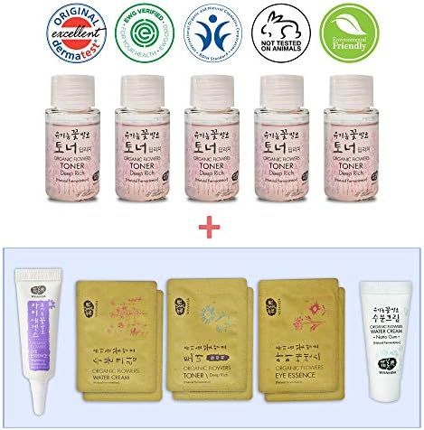Whamisa Organic Flowers Deep Rich Essence Toner Travel Size 20ml x 5 pcs (BONUS: Eye Essence Travel Size + Water Cream Travel Size + Additional Sample Packets)