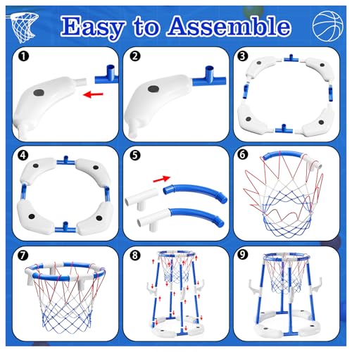 Pool Basketball Hoop,2-in-1 Floating Basketball Pool Games with 4 Balls/12 Rings/Pump,Swimmming Pool Toys for Kids Adults Age 3-12,Summer Family Party Indoor Outdoor Water Play Toys,Blue