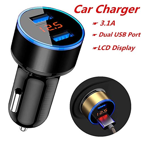 Car Charger, 3.1A Dual USB Charger 2 Port LCD Display 12-24V Cigarette Socket Lighter Display Socket Car Electronics Car Charger lkoezi (Silver)