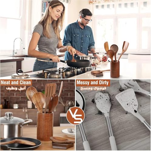 CENXI Cooking Wooden Spoons, 9 Piece Natural Teak Wooden Kitchen Utensil Set with Spoon Rest, Comfort Grip Cooking Spoons and Utensils Holder