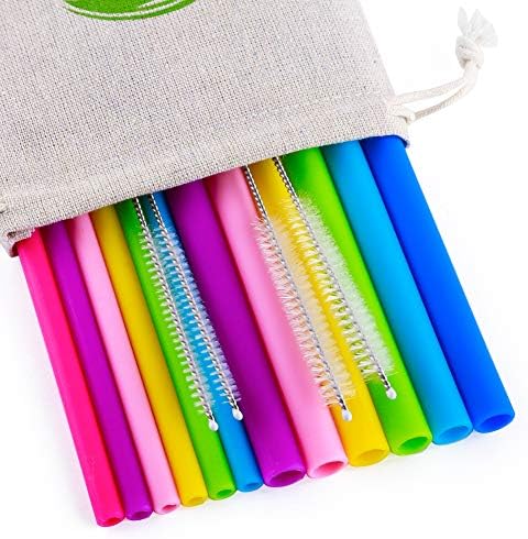Reusable Straws 6Pcs 10" REGULAR SIZE Silicone Straws+ 6Pcs 10" Silicone Smoothie Straws+4 Brushes+ 1 Storage Pouch