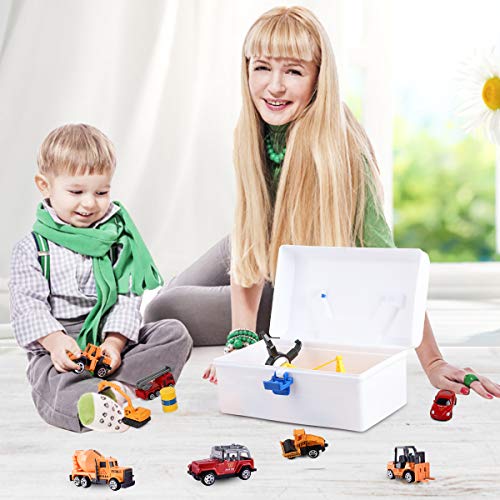 HONYAT Engineering Construction Vehicles Toys Set with Play Mat and Car Storage Box ,10 Alloy Cars Include Fire Trucks -with Accessories and Tower Crane ,Gift for Boys and Girls Ages 3-12.