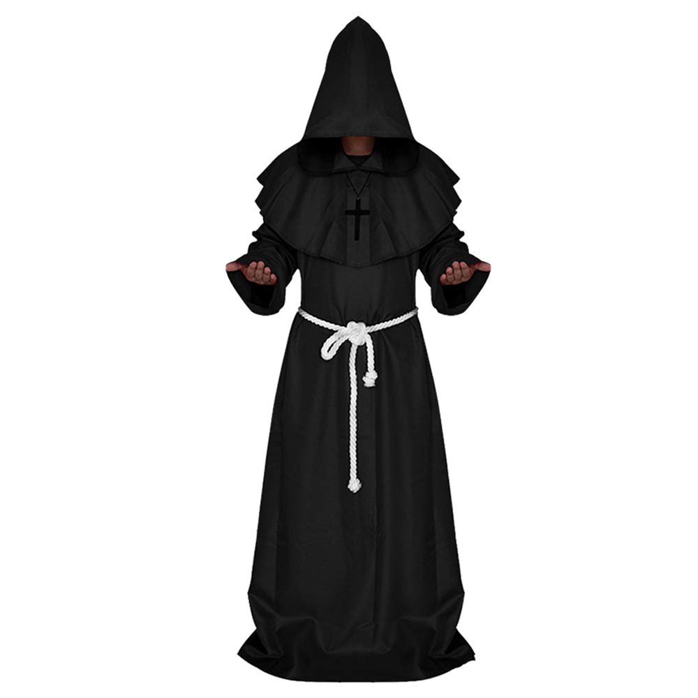 Hootecheu Priest Medieval Brother Hooded Dressing Gown Renaissance Monk Cosplay Costume with Hood for Festivals, Parties, Halloween (XL, Black)
