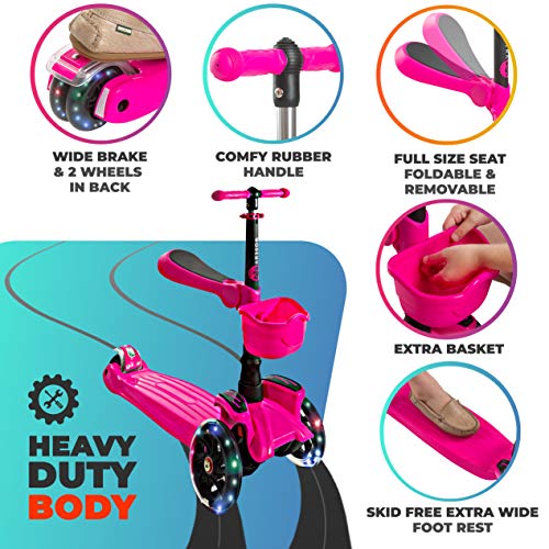 Modera Kids Kick Scooter w/ 3 Wheel Deck, Handle Bar Grips, Sit-or-Stand Removable Folding Seat, Foot Rest, Built-in Brake & Bonus Basket for 2-8 Year Old Toddler Boys & Girls Max 110 Lbs. - Thumbnail 5
