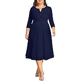 Plus Size Wedding Guest Dress - Church Midi Fall Semi Formal 3/4 Sleeve V Neck A-line Dress for Women 2025