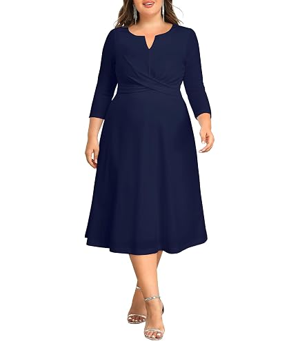 Navy Blue Dress for Women Plus Size Wedding Guest Dresses Midi Fall Church Cocktail Semi Formal 3/4 Sleeve A-line Dress