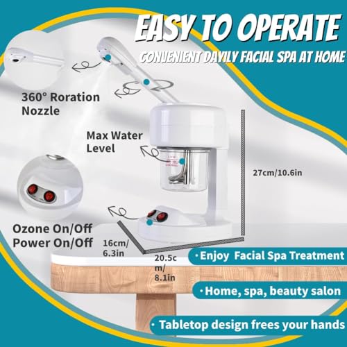 Excefore Portable 3-in-1 Ozone Facial Steamer - Personal Care Humidifier & Essential Oil Steamer with Rotatable Arm - Ideal for Home or Salon Use, White
