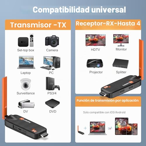 Wireless HDMI Transmitter 1 and Receiver, Up to 6 RXs, HDMI Transmitter and Receiver, 5G/1080P Wireless Extender, Laptop Transmission, Camera to TV, Projector, Monitor - 165m