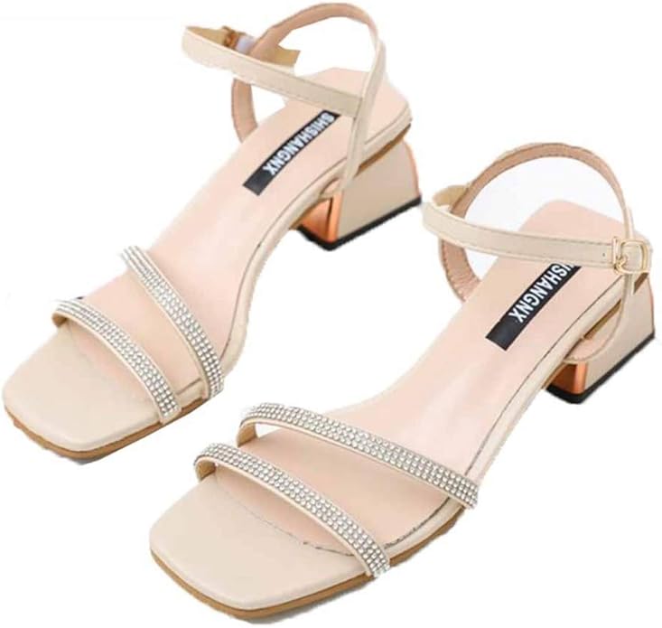 Sandalias de verano para mujer Punta cuadrada Tacón cuadrado Diamantes Sandalias de verano para mujer Punta cuadrada Tacón cuadrado Diamantes