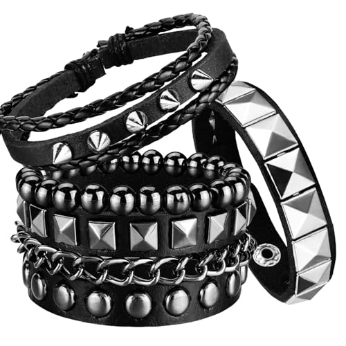 Ulekuke 4 Pcs Punk Rock Leather Studded Bracelets for Men Women 80s Gothic Spike Cuff Bracelet Set Emo Accessories for Rocker Outfits