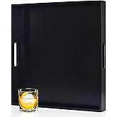 OurMiao 22 Inches Square Wood Ottoman Tray Black, Extra Large Wooden Serving Tray with Handles for Living Room, Serving Food Breakfast, Ottoman Coffee Table Couch Sofa Kitchen