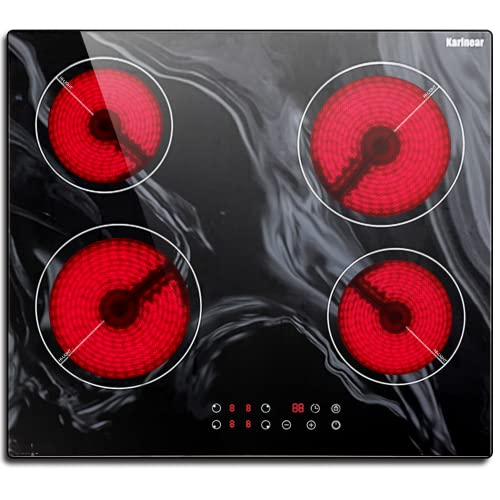 Karinear Electric Cooktop 24 Inch, 4 Burners Built-in Electric StoveTop with Wave Patterned Surface, Ceramic Cooktop with Child Lock, Timer, Residual Heat Indicator,220-240v Hard Wired,No Plug(LH09)