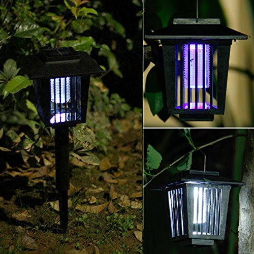 New & Improved Solar Powered Zapper- Enhanced Outdoor Flying Insect Killer- Hang or Stake in the Ground- Cordless Garden Lamp- Portable LED Machine- Best Stinger for Mosquitoes/ Moths/ Flies (Black)