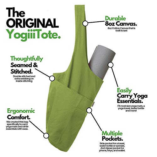 Yogiii Yoga Mat Bag | The Original YogiiiTote | Yoga Mat Tote Sling Carrier w/Large Side Pocket & Zipper Pocket | Fits Most Size Mats (Action Green)