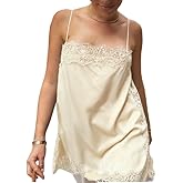 Women Satin Lace Trim Cami Top Elegant Square Neck Spaghetti Strap Tank Tops Silky Side Slit Flowy Camisole
