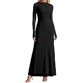HTZMO Women Long Sleeve Bodycon Floral Maxi Dress Ruched A Line Flowy Wedding Guest Formal Party Long Dresses