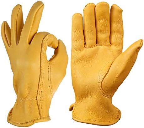 OZERO Leather Work Gloves: Mens Deerskin Gloves Soft Breathable Abrasion Resistant Gardening Firewood Glove - for Driving Riding Yardwork Ranch Farm Hunting Garage DIY for Men & Women (Gold,S)